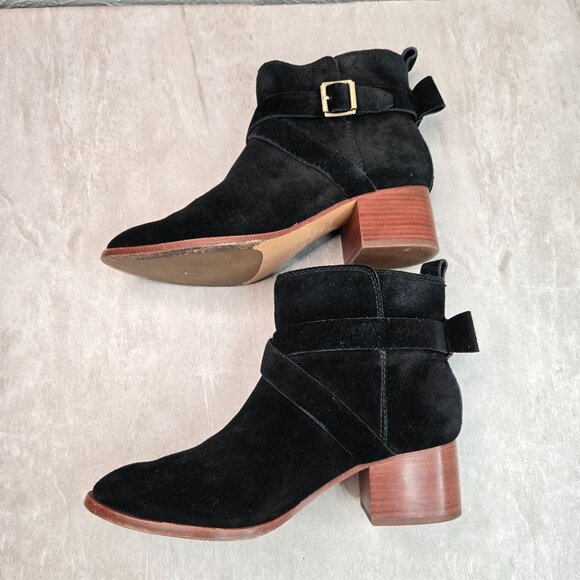 Kate Spade Moto Ankle Boots 8 Black Suede Low Block Heel Dressy Chic Bow Booties - Picture 6 of 13